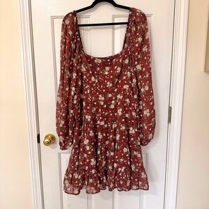 ARULA Red Floral Long Sleeve, Square Neck Dress